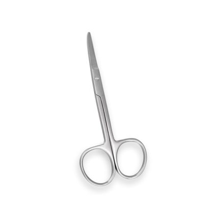 Stainless steel baby nail scissors, 9 cm, with rounded tips and ergonomic finger loops.