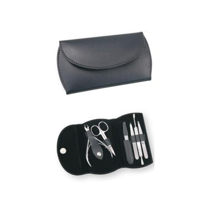 Black leather manicure case with stainless steel nail clippers, scissors, tweezers, and grooming tools