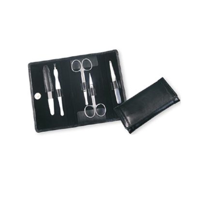 Black leather manicure and pedicure set with scissors, tweezers, nail file, and cuticle tools in a foldable snap case.