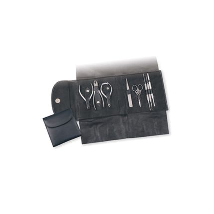 Black manicure and pedicure grooming kit with nail clippers, cuticle nippers, scissors, and grooming tools arranged inside a foldable black case.
