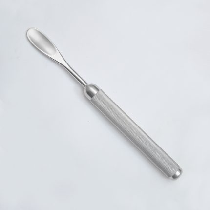 Stainless steel surgical elevator with a rounded, spoon-shaped tip and textured cylindrical handle, placed on a white background.