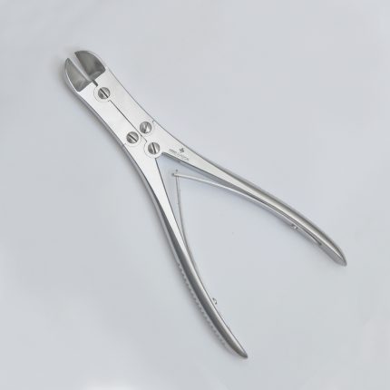 Stainless steel bone cutter surgical instrument placed on a white background.
