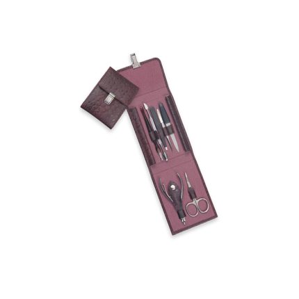 Brown leather manicure and pedicure set with scissors, nail clippers, cuticle tools, tweezers, and nail file in a textured foldable case.