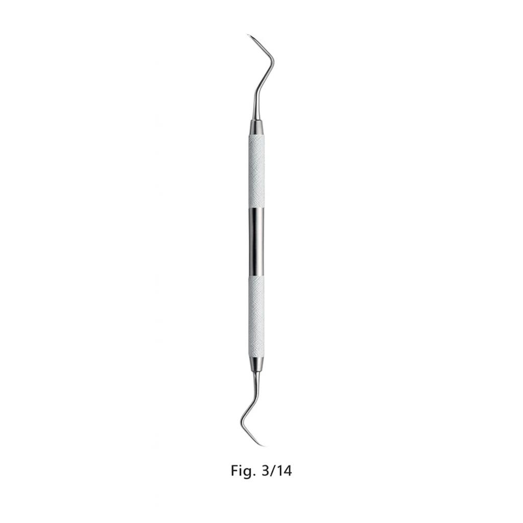 Columbia Curette Fig 314 Columbia Curette Fig. 3/14, double-ended stainless steel periodontal curette with angled working tips for precise dental scaling and root planing.