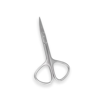 "Stainless steel cuticle scissors with curved sharp blades and ergonomic handle, 9 cm."