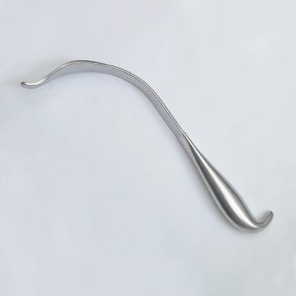 Stainless steel surgical retractor with a smooth, curved blade and teardrop-shaped handle, placed on a white background.