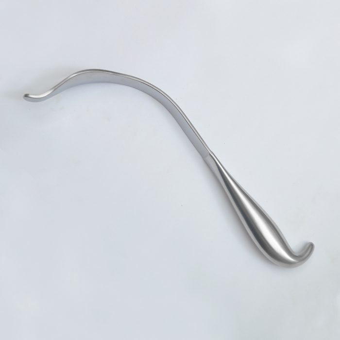Stainless steel surgical retractor with a smooth, curved blade and teardrop-shaped handle, placed on a white background.