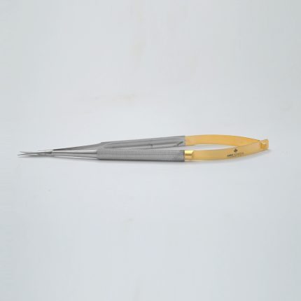 Jacobsen Micro Spring Handle Needle Holder with fine serrated tips and gold-plated spring handle, used in delicate microsurgical procedures.