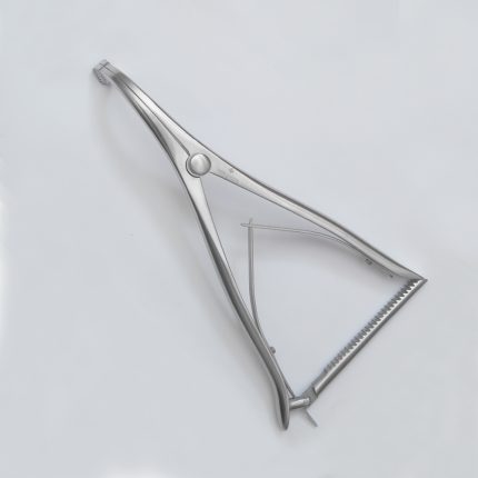 Stainless steel Kerrison rongeur surgical instrument placed on a white background.