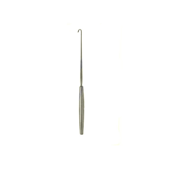 LANGE-Fistual-Hook-ENT "LANGE fistula hook, stainless steel ENT surgical instrument with fine curved hook and rounded handle, used for probing and dissection."