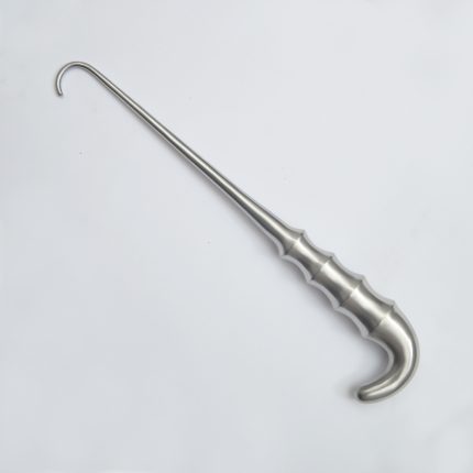 Stainless steel surgical bone lever with a curved hook tip and contoured handle, placed on a white background.