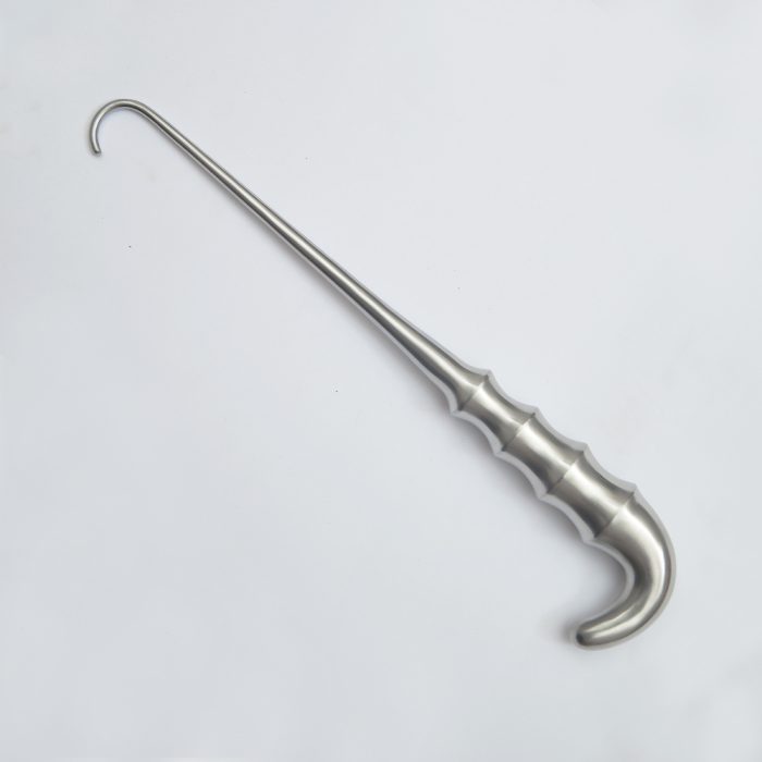 Stainless steel surgical bone lever with a curved hook tip and contoured handle, placed on a white background.