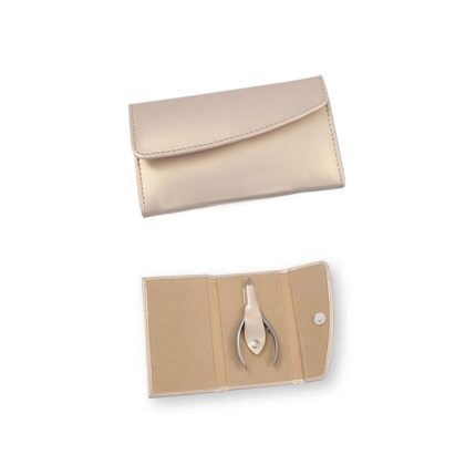 "Light cream manicure case containing a single cuticle nipper inside a foldable case with snap-button closure."