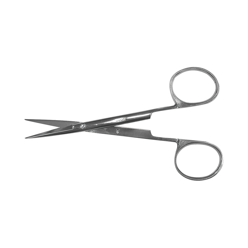 Ophthalmic Straight Scissors A pair of stainless steel surgical scissors with long, narrow, straight blades and round ring handles.