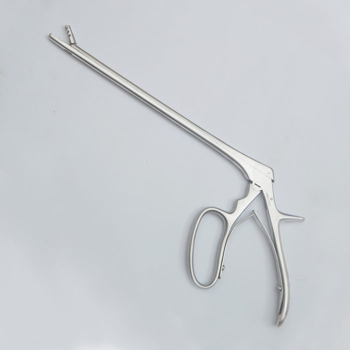 Stainless steel pituitary rongeur surgical instrument with a long shaft and pistol-grip handle, placed on a white background.