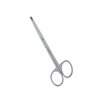 Stainless steel safety scissor with rounded tips and ergonomic finger loops, 12 cm length.