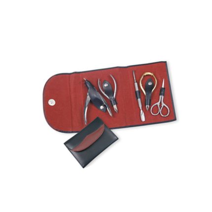 "Manicure and pedicure grooming kit with nail clippers, cuticle nippers, scissors, and other tools in a red foldable case with black cover."