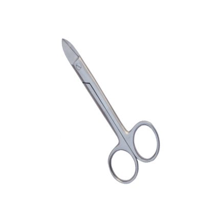 Round shank toenail scissor made of stainless steel with short curved blades and two finger loops.
