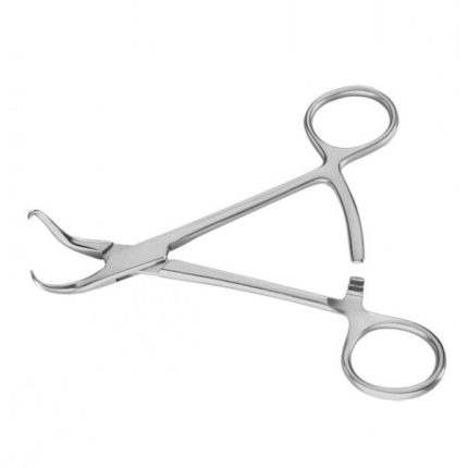 "Stainless steel Stagbeetle Forceps with curved jaws and finger rings used as a veterinary orthopedic bone holder."