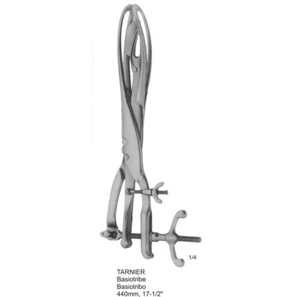 Tarnier basiotribe, 440mm (17-1/2 inches) long, featuring heavy-duty handles, fenestrated jaws, and a screw-lock mechanism used for crushing the fetal skull base during obstructed labor.