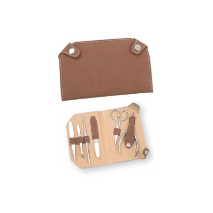 "Brown manicure and pedicure kit with nail clippers, cuticle nippers, scissors, file, and grooming tools in a foldable case with snap-button closure."