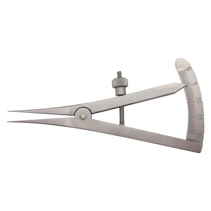 eye calipers Straight, 20 mm scale with 1.0 mm increments Stainless steel straight eye caliper with 20 mm scale and 1.0 mm increments, featuring an adjustable screw mechanism.