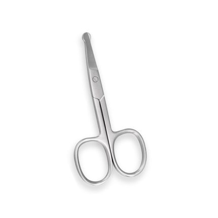 Professional stainless steel manicure and pedicure scissors with rounded safety tips and straight blades, isolated on a white background.