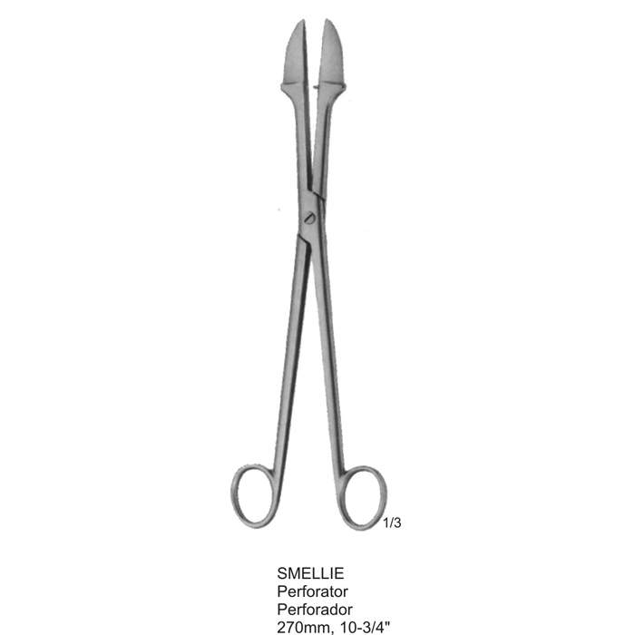 smellie perforator 270mm, 10-3-4 Smellie perforator, 270mm (10-3/4 inches) long, featuring scissor-style handles and dual sharp-edged blades designed for obstetric use during cranial decompression procedures.